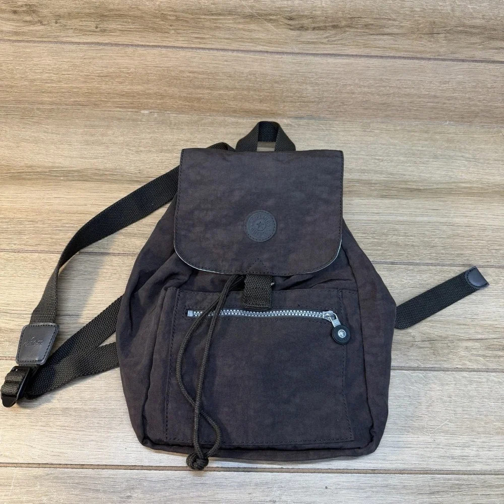 Kipling Mini Backpack Drawstring Textured Brown Nylon - Picture 1 of 12
